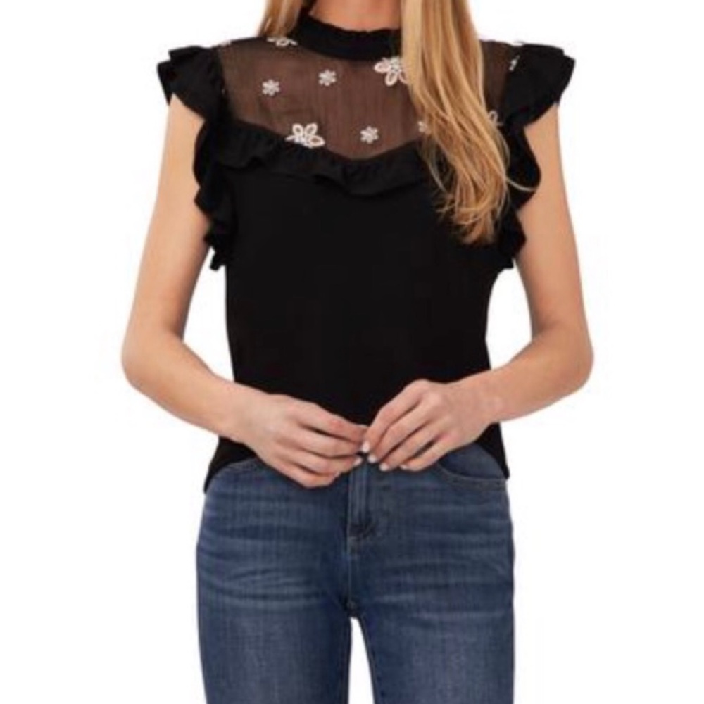 NWT Cece Mock Neck Eyelet Ruffle Sleeveless Mixed Media Top XS